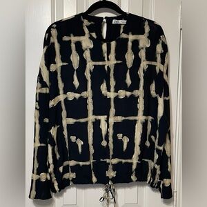 ZARA Women's Abstract Black Beige Print Long Sleeve Blouse Drawstring Waist S
